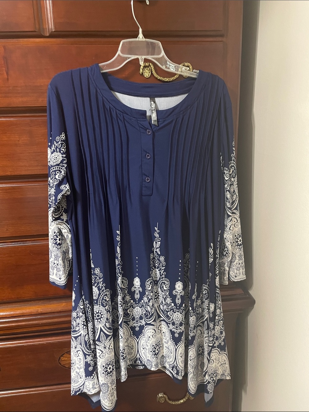 White Mark Navy and White Printed Pleat-Front Tunic